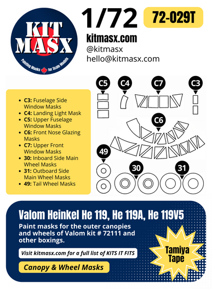 Valom Heinkel He 119, He 119A, He 119V5 1/72 Canopy & Wheel Paint Masks, Kit # 72111