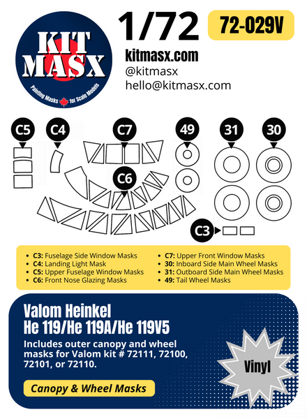 Valom Heinkel He 119, He 119A, He 119V5 1/72 Canopy & Wheel Paint Masks, Kit # 72111