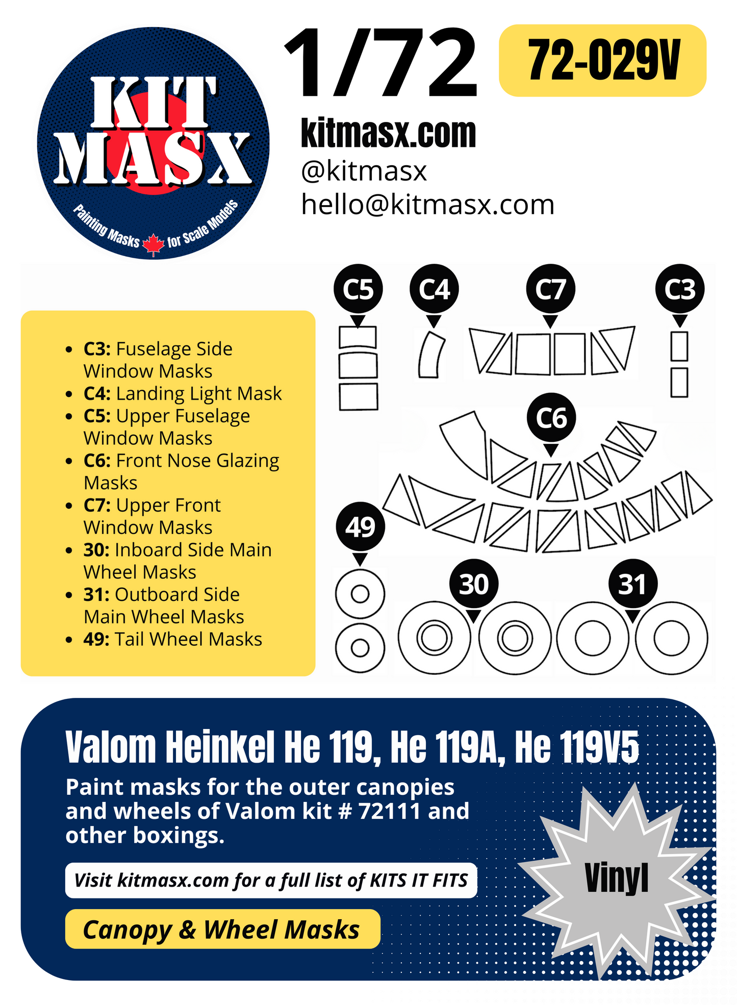 Valom Heinkel He 119, He 119A, He 119V5 1/72 Canopy & Wheel Paint Masks, Kit # 72111