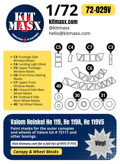 Valom Heinkel He 119, He 119A, He 119V5 1/72 Canopy & Wheel Paint Masks, Kit # 72111