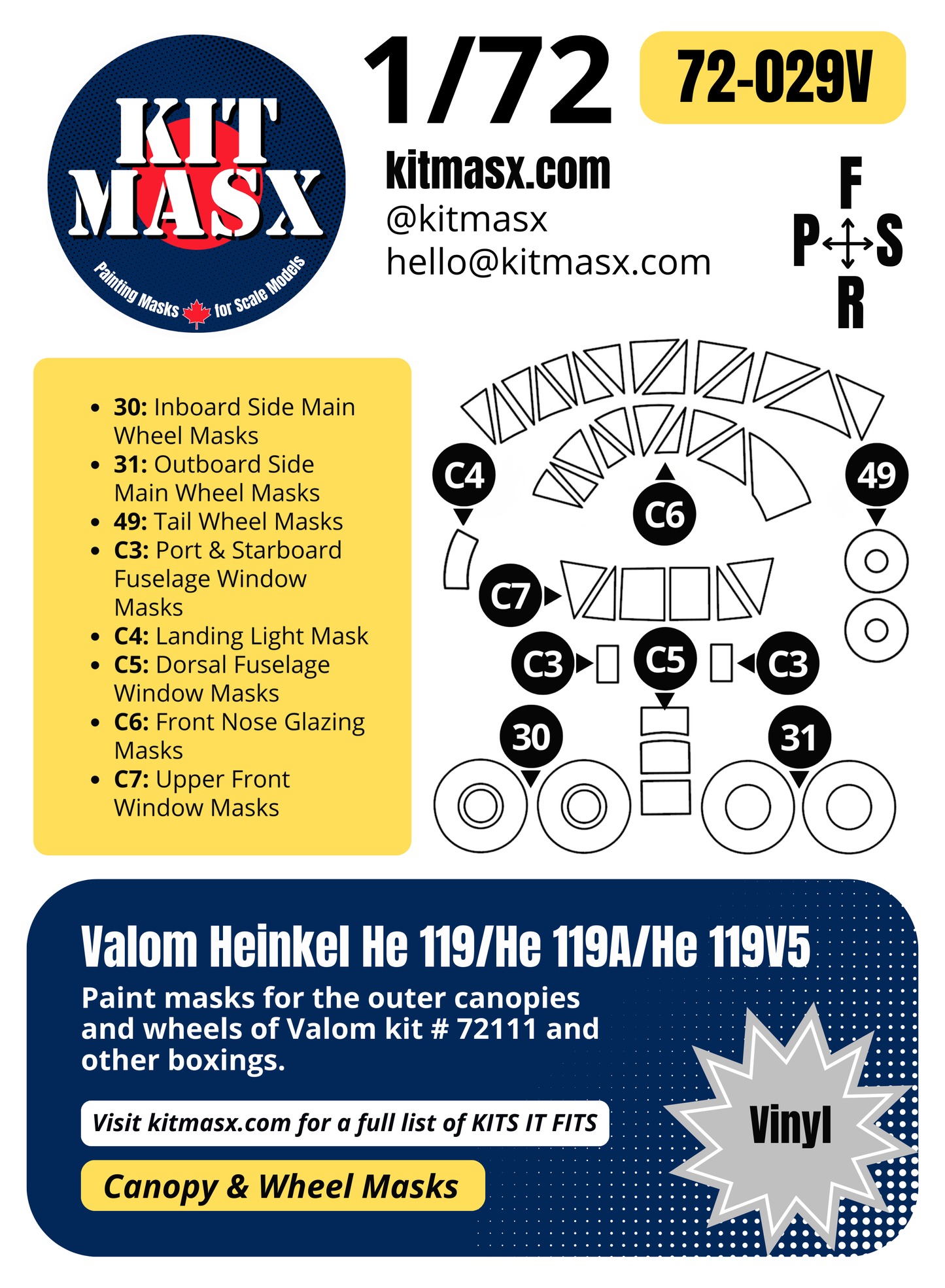 Valom Heinkel He 119/He 119A/He 119V5 1/72 Canopy & Wheel Paint Masks, Kit # 72111