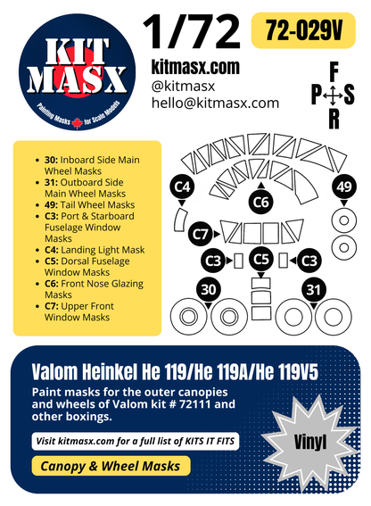 Valom Heinkel He 119/He 119A/He 119V5 1/72 Canopy & Wheel Paint Masks, Kit # 72111
