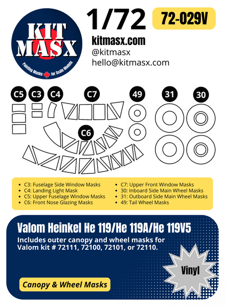 Valom Heinkel He 119/He 119A/He 119V5 1/72 Canopy & Wheel Paint Masks