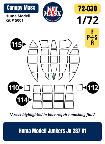 Huma Modell Junkers Ju 287 V1 1/72 Canopy Paint Masks, Kit # 5001 (72030)