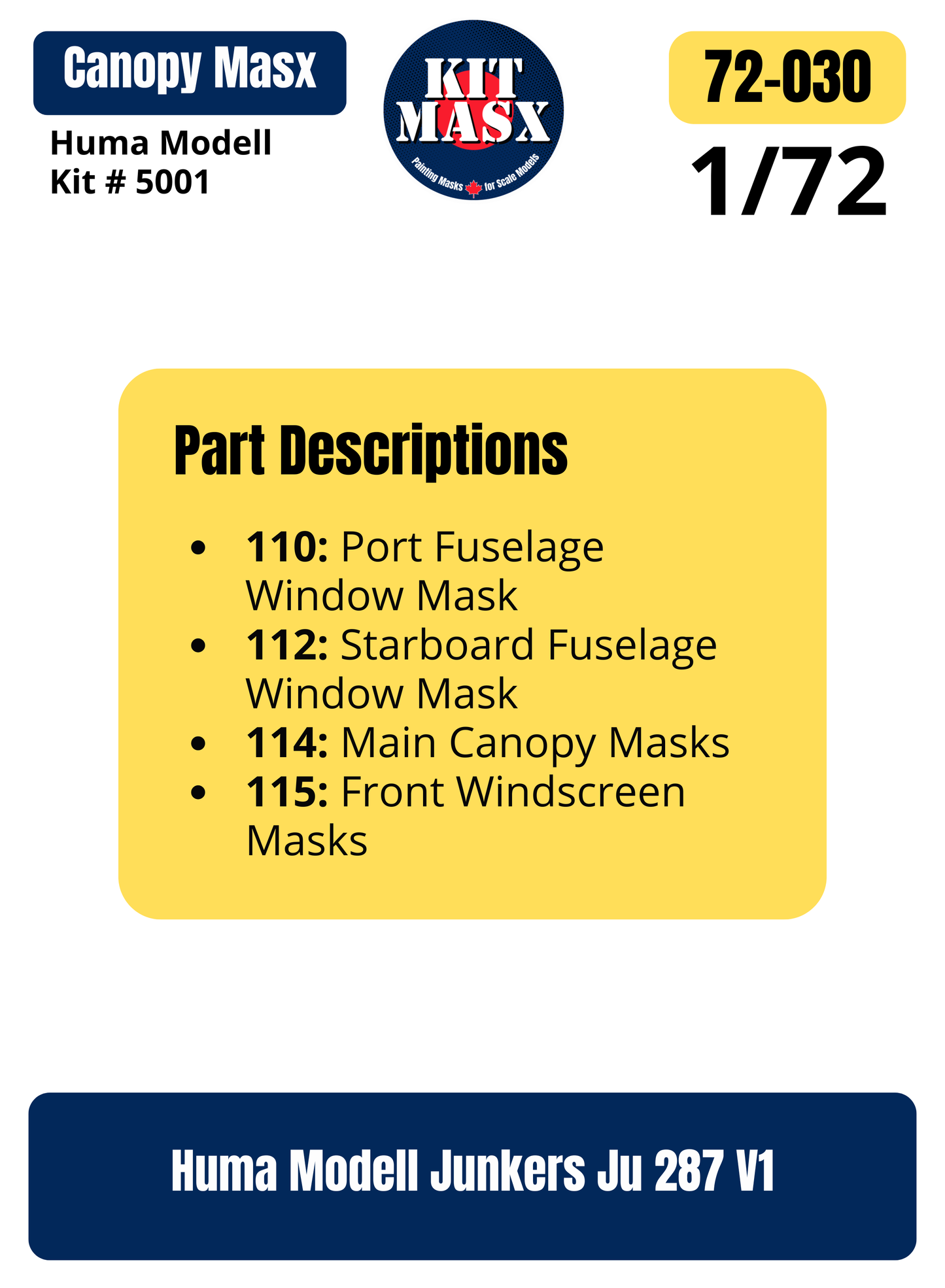 Huma Modell Junkers Ju 287 V1 1/72 Canopy Paint Masks, Kit # 5001 (72030)