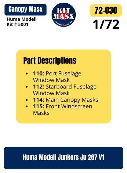Huma Modell Junkers Ju 287 V1 1/72 Canopy Paint Masks, Kit # 5001 (72030)