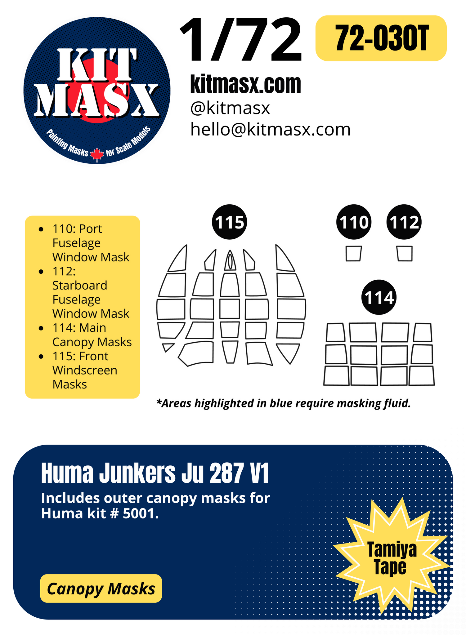 Huma Junkers Ju 287 V1 1/72 Canopy Paint Masks, Kit # 5001