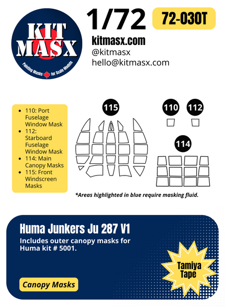 Huma Junkers Ju 287 V1 1/72 Canopy Paint Masks, Kit # 5001