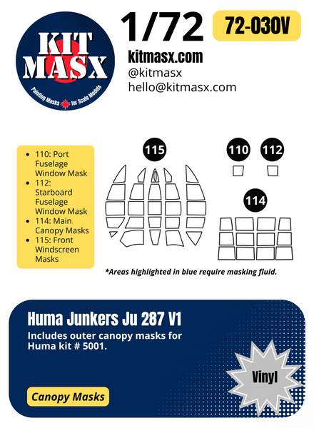 Huma Junkers Ju 287 V1 1/72 Canopy Paint Masks, Kit # 5001