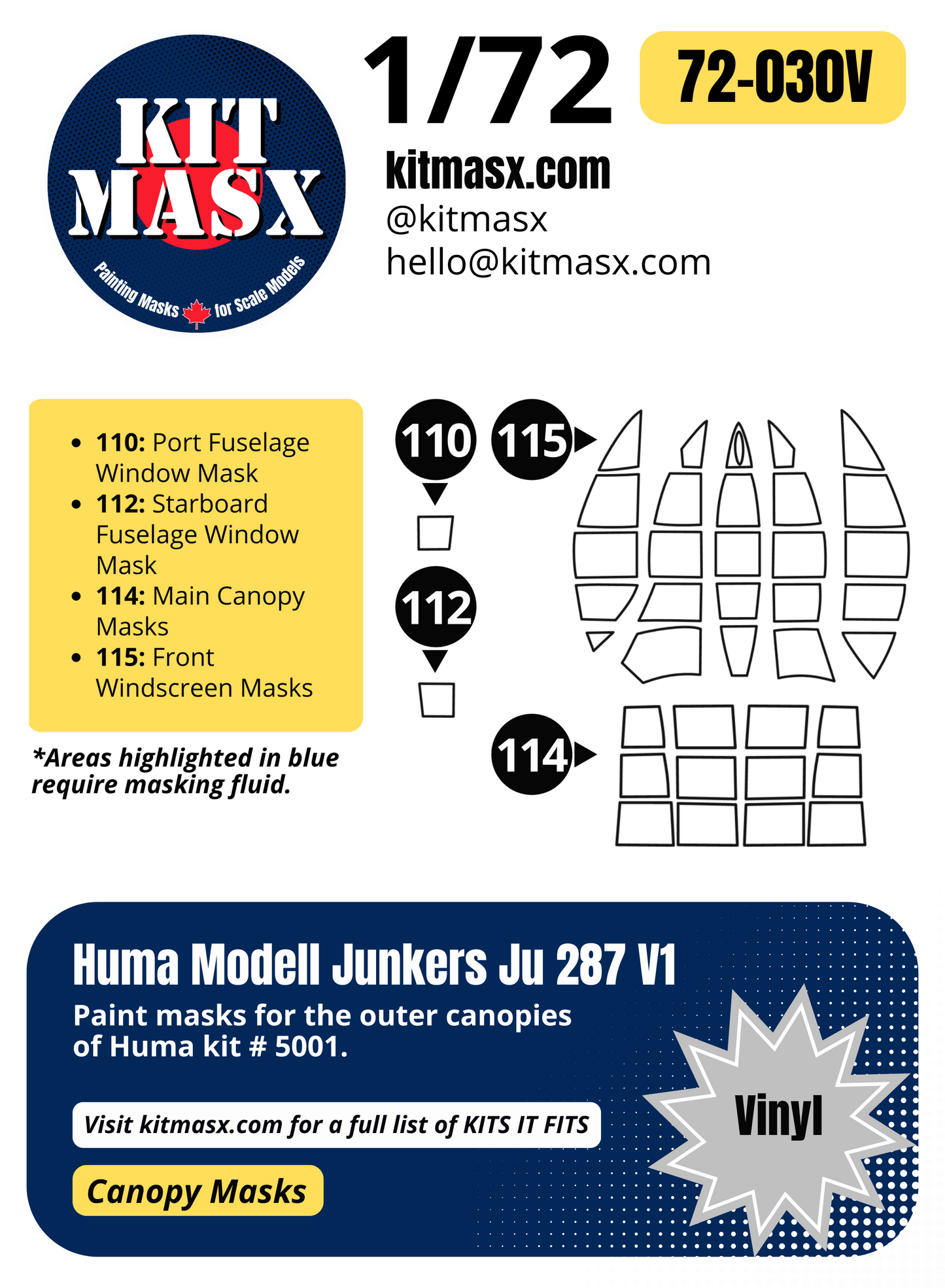 Huma Modell Junkers Ju 287 V1 1/72 Canopy Paint Masks, Kit # 5001