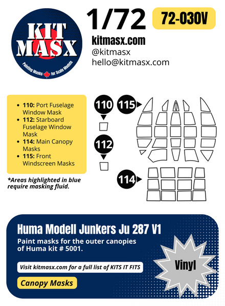 Huma Modell Junkers Ju 287 V1 1/72 Canopy Paint Masks, Kit # 5001