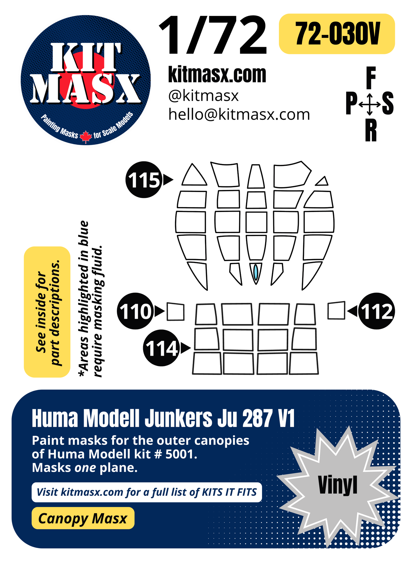 Huma Modell Junkers Ju 287 V1 1/72 Canopy Paint Masks, Kit # 5001 (72030)