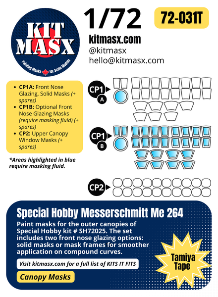 Special Hobby Messerschmitt Me 264 1/72 Canopy Paint Masks, Kit # SH72025