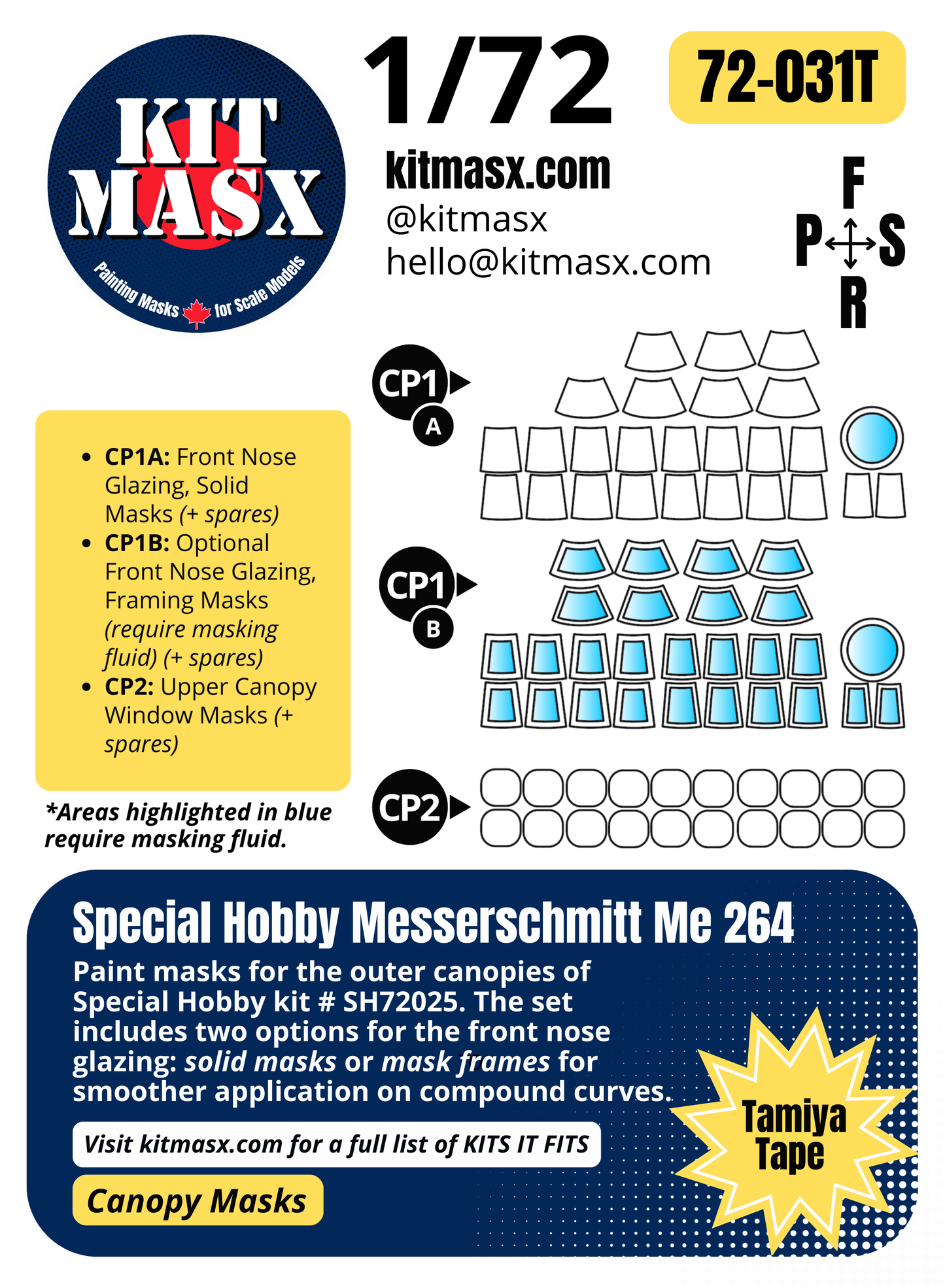 Special Hobby Messerschmitt Me 264 1/72 Canopy Paint Masks, Kit # SH72025