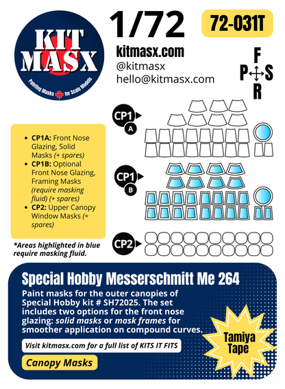 Special Hobby Messerschmitt Me 264 1/72 Canopy Paint Masks, Kit # SH72025