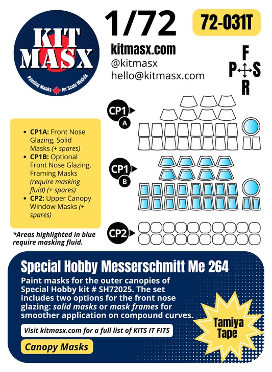 Special Hobby Messerschmitt Me 264 1/72 Canopy Paint Masks, Kit # SH72025