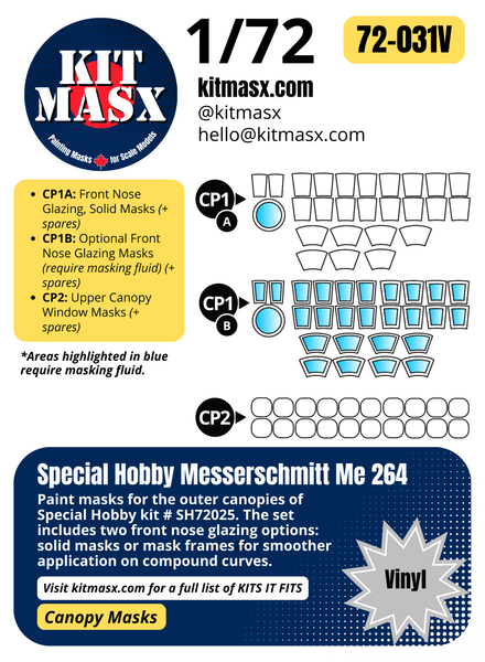 Special Hobby Messerschmitt Me 264 1/72 Canopy Paint Masks, Kit # SH72025