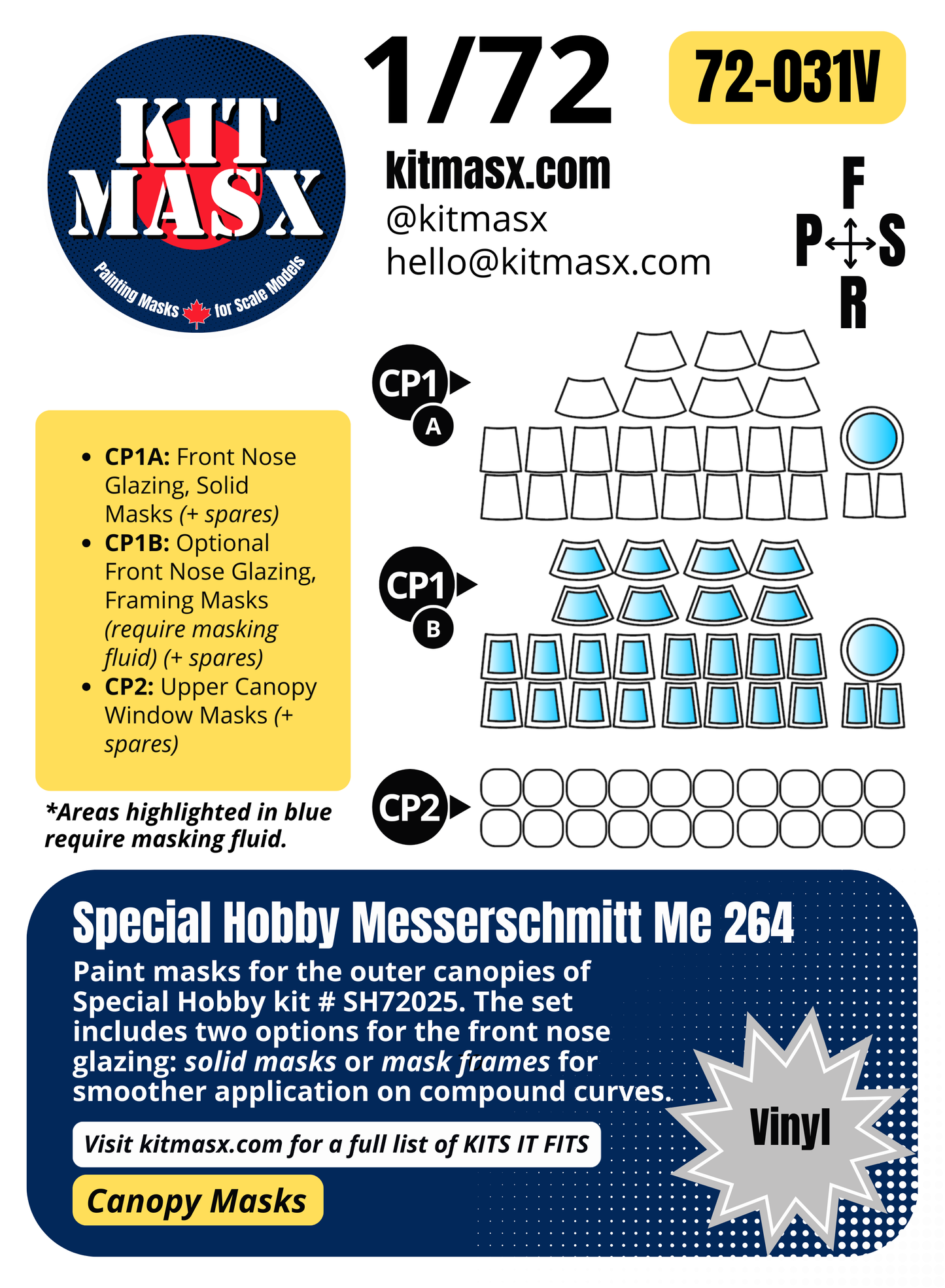 Special Hobby Messerschmitt Me 264 1/72 Canopy Paint Masks, Kit # SH72025