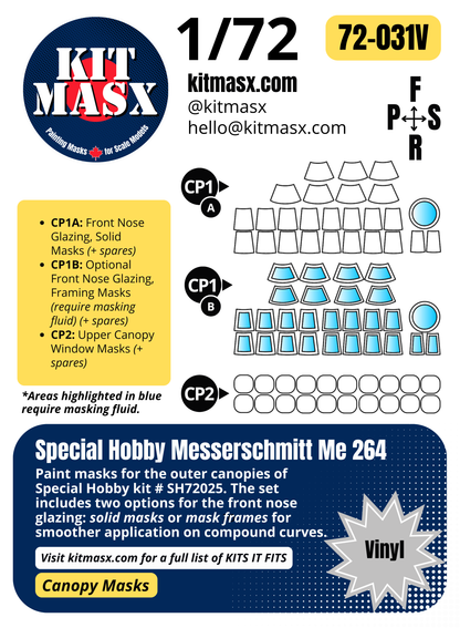 Special Hobby Messerschmitt Me 264 1/72 Canopy Paint Masks, Kit # SH72025
