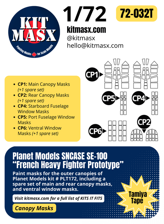 Planet Models SNCASE SE-100 "French Heavy Fighter Prototype" 1/72 Canopy Paint Masks, Kit # PLT172