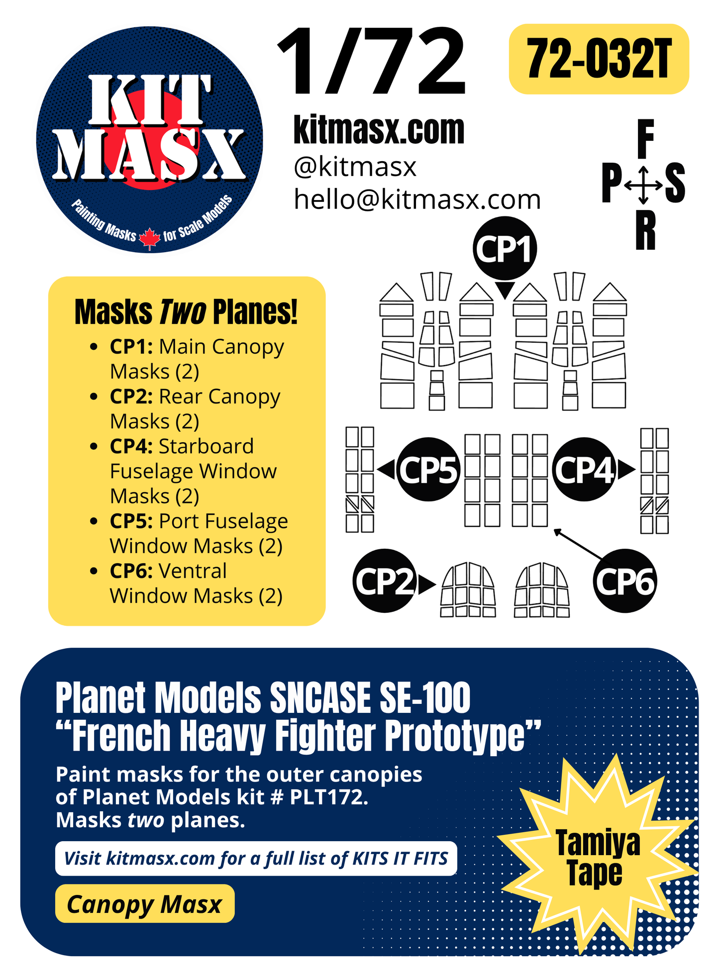 Planet Models SNCASE SE-100 "French Heavy Fighter Prototype" 1/72 Canopy Paint Masks, Kit # PLT172