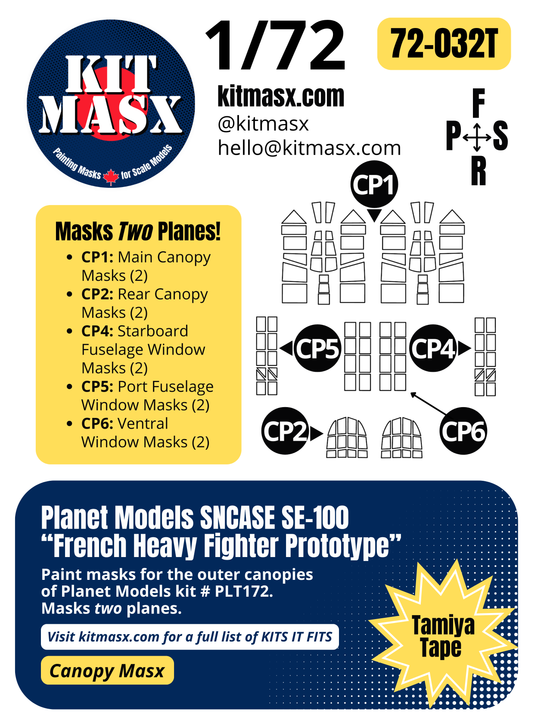 Planet Models SNCASE SE-100 "French Heavy Fighter Prototype" 1/72 Canopy Paint Masks, Kit # PLT172