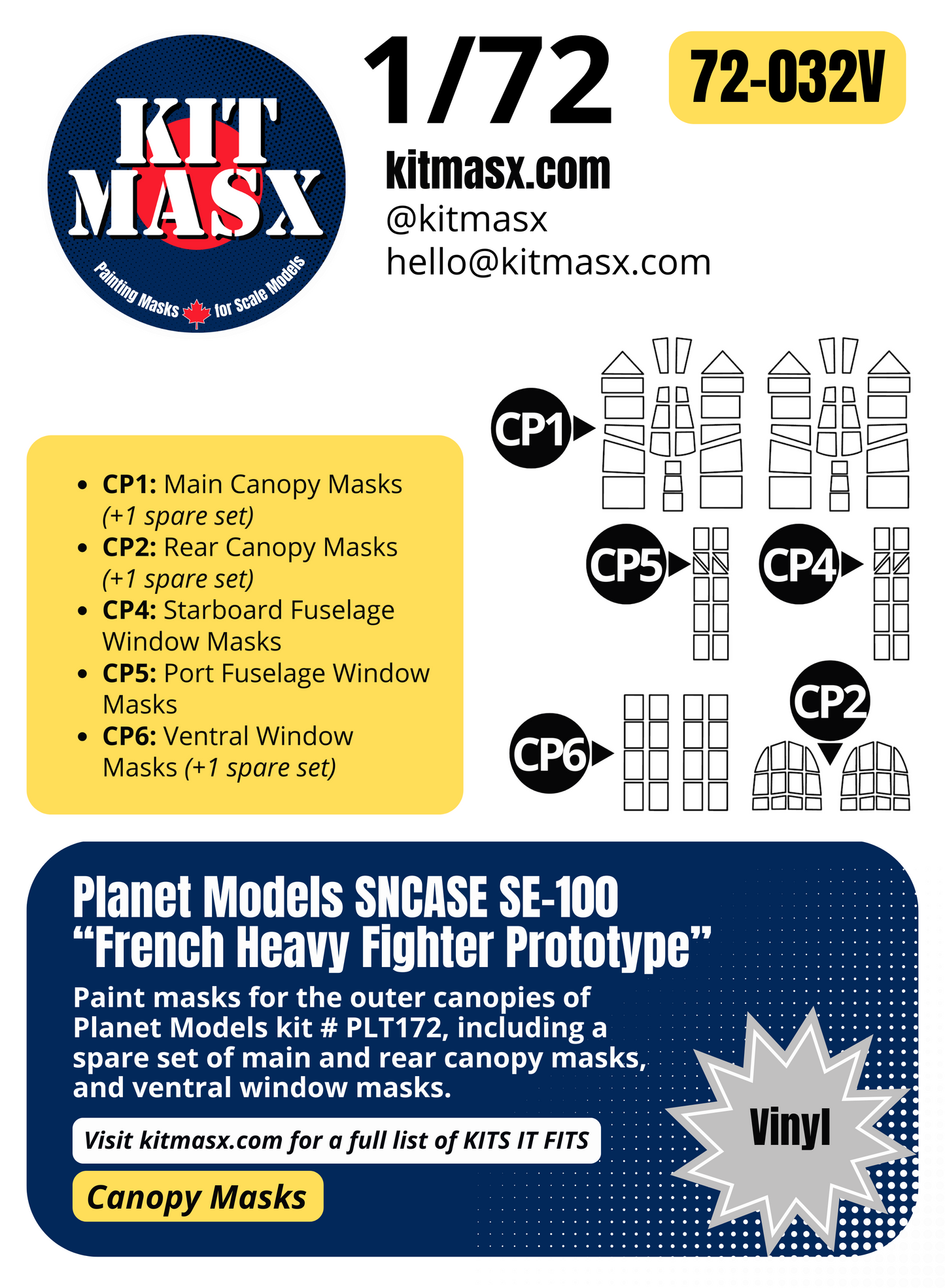 Planet Models SNCASE SE-100 "French Heavy Fighter Prototype" 1/72 Canopy Paint Masks, Kit # PLT172