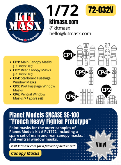 Planet Models SNCASE SE-100 "French Heavy Fighter Prototype" 1/72 Canopy Paint Masks, Kit # PLT172