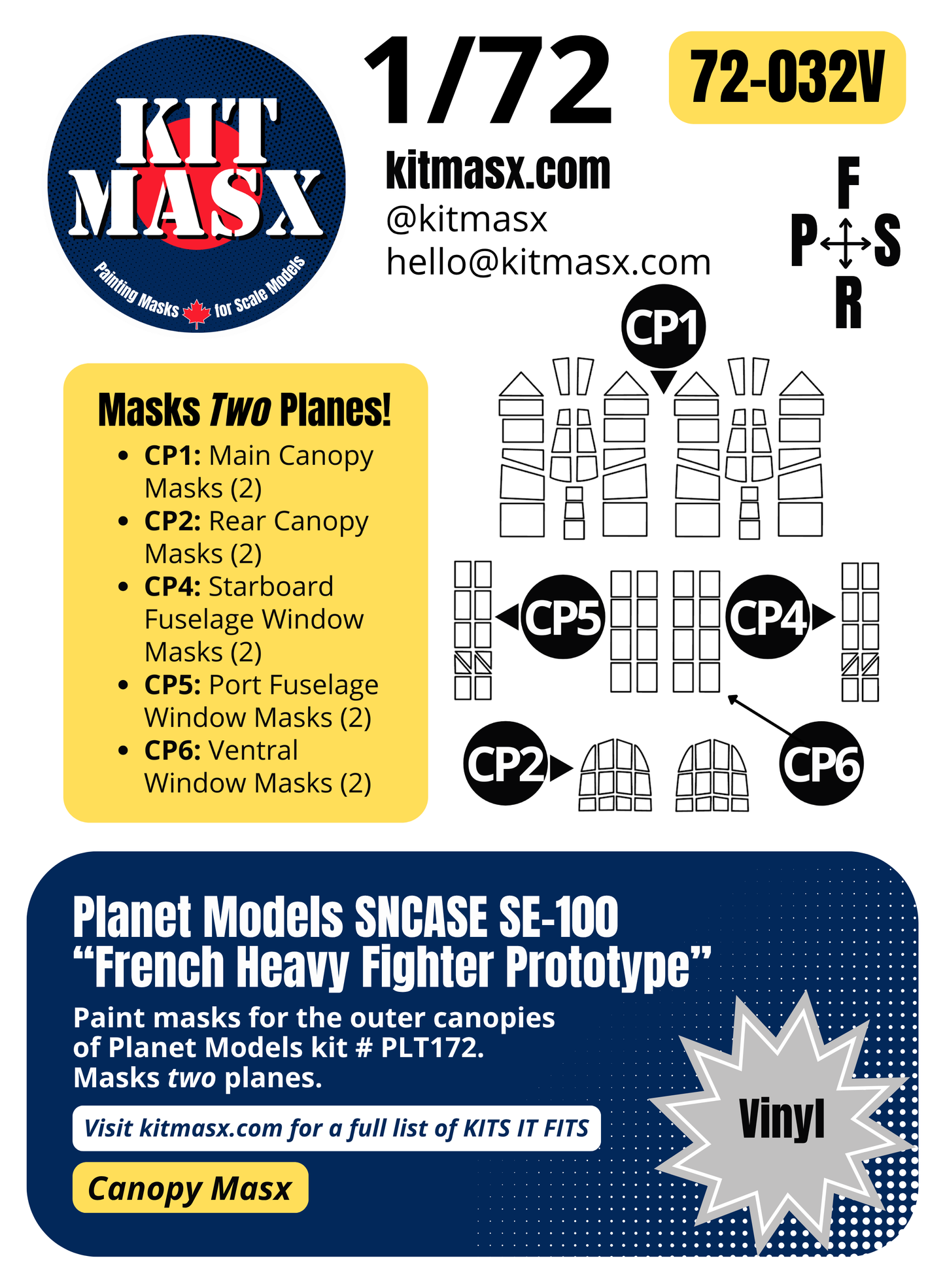 Planet Models SNCASE SE-100 "French Heavy Fighter Prototype" 1/72 Canopy Paint Masks, Kit # PLT172