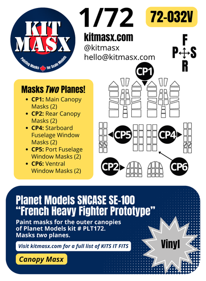 Planet Models SNCASE SE-100 "French Heavy Fighter Prototype" 1/72 Canopy Paint Masks, Kit # PLT172