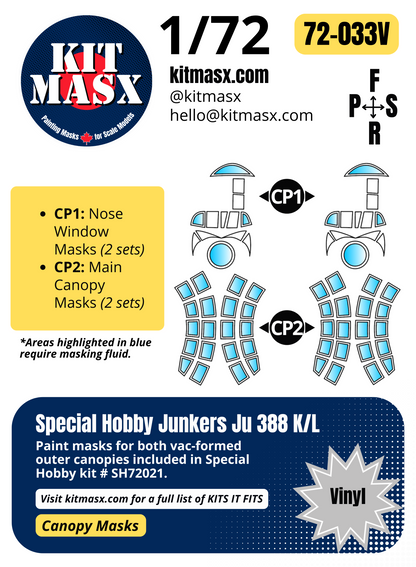 Special Hobby Junkers Ju 388 K/L 1/72 Canopy Paint Masks, Kit # SH72021