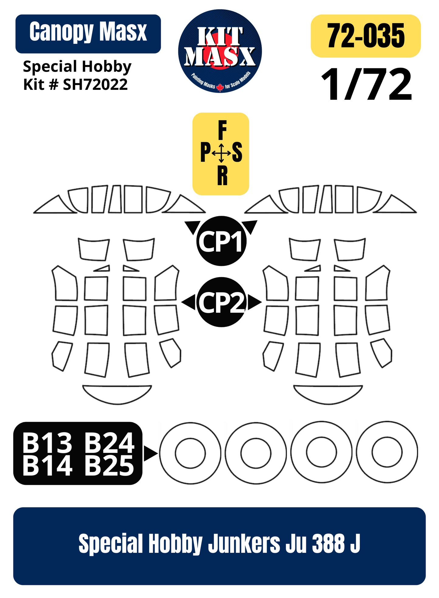Special Hobby Junkers Ju 388 J 1/72 Canopy & Wheel Paint Masks, Kit # SH72022 (72035)