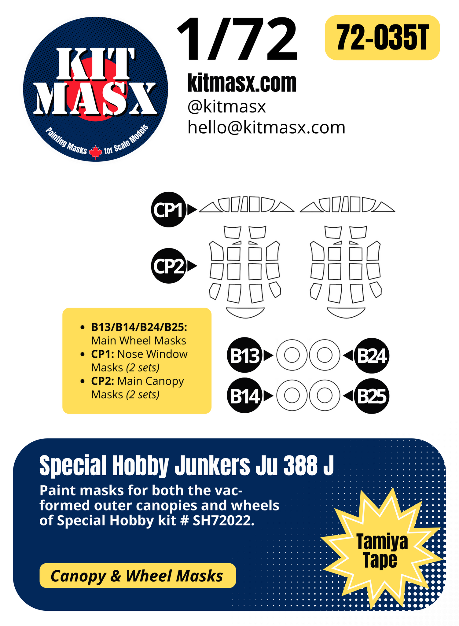 Special Hobby Junkers Ju 388 J 1/72 Canopy & Wheel Paint Masks, Kit # SH72022