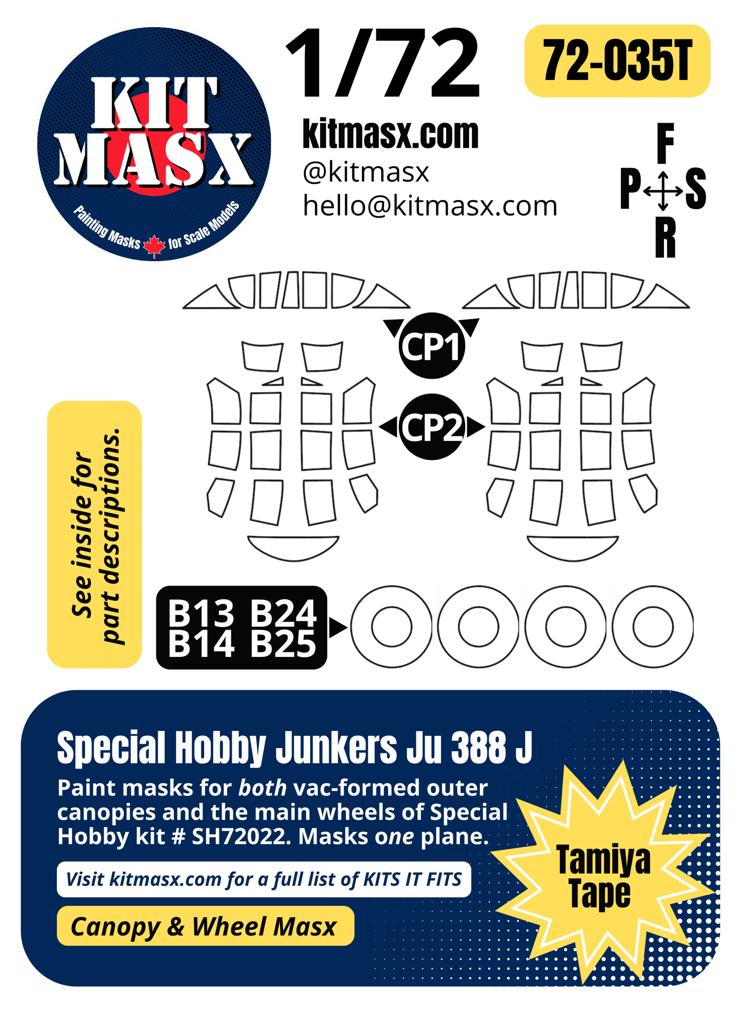 Special Hobby Junkers Ju 388 J 1/72 Canopy & Wheel Paint Masks, Kit # SH72022 (72035)