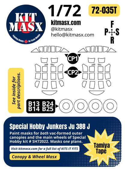 Special Hobby Junkers Ju 388 J 1/72 Canopy & Wheel Paint Masks, Kit # SH72022 (72035)