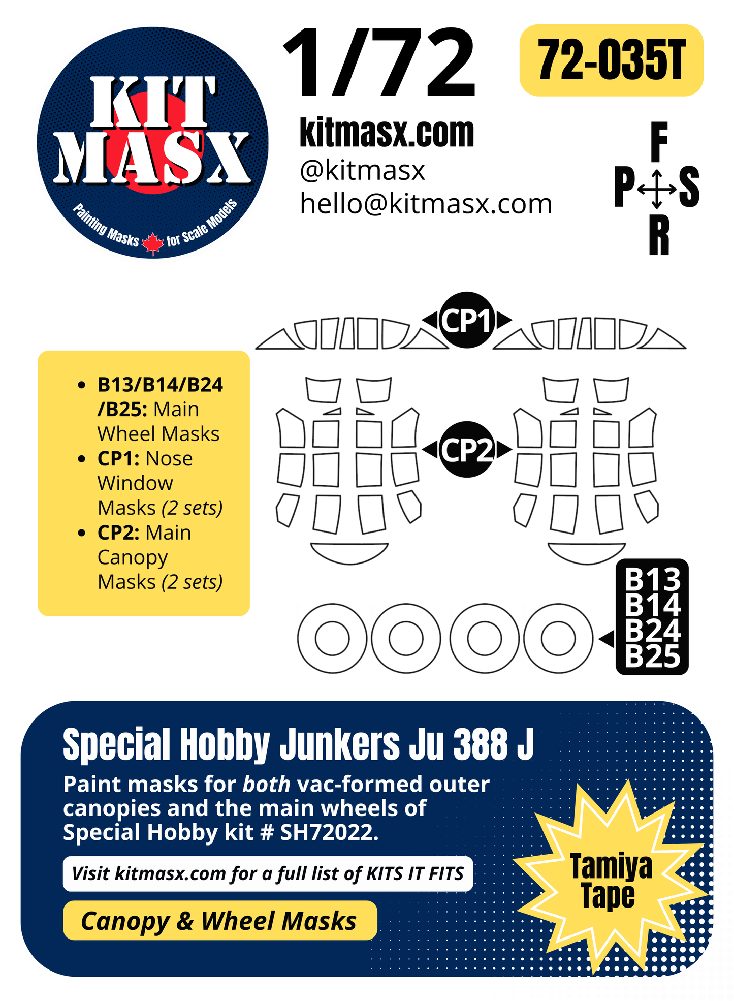 Special Hobby Junkers Ju 388 J 1/72 Canopy & Wheel Paint Masks, Kit # SH72022