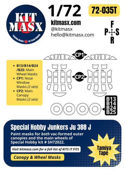 Special Hobby Junkers Ju 388 J 1/72 Canopy & Wheel Paint Masks, Kit # SH72022