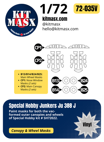 Special Hobby Junkers Ju 388 J 1/72 Canopy & Wheel Paint Masks, Kit # SH72022