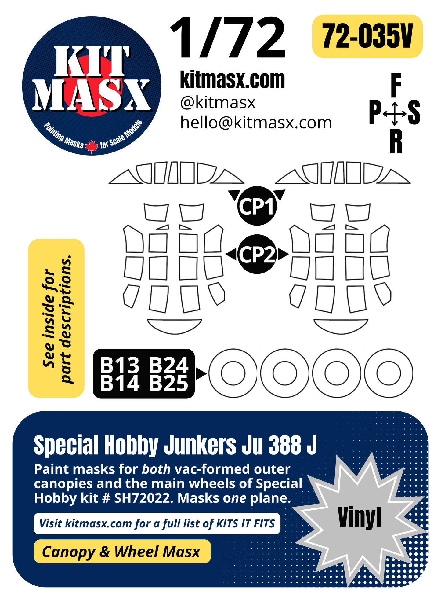 Special Hobby Junkers Ju 388 J 1/72 Canopy & Wheel Paint Masks, Kit # SH72022 (72035)