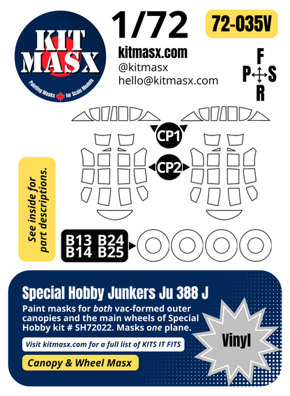 Special Hobby Junkers Ju 388 J 1/72 Canopy & Wheel Paint Masks, Kit # SH72022 (72035)