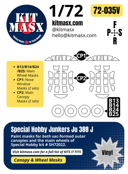 Special Hobby Junkers Ju 388 J 1/72 Canopy & Wheel Paint Masks, Kit # SH72022
