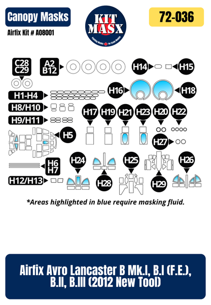 Airfix Avro Lancaster B Mk.I, B.I (F.E.), B.II, B.III (2012 New Tool) 1/72 Canopy & Wheel Paint Masks, Kit # A08001