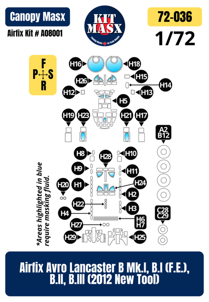 Airfix Avro Lancaster B Mk.I, B.I (F.E.), B.II, B.III (2012 New Tool) 1/72 Canopy & Wheel Paint Masks, Kit # A08001 (72036)