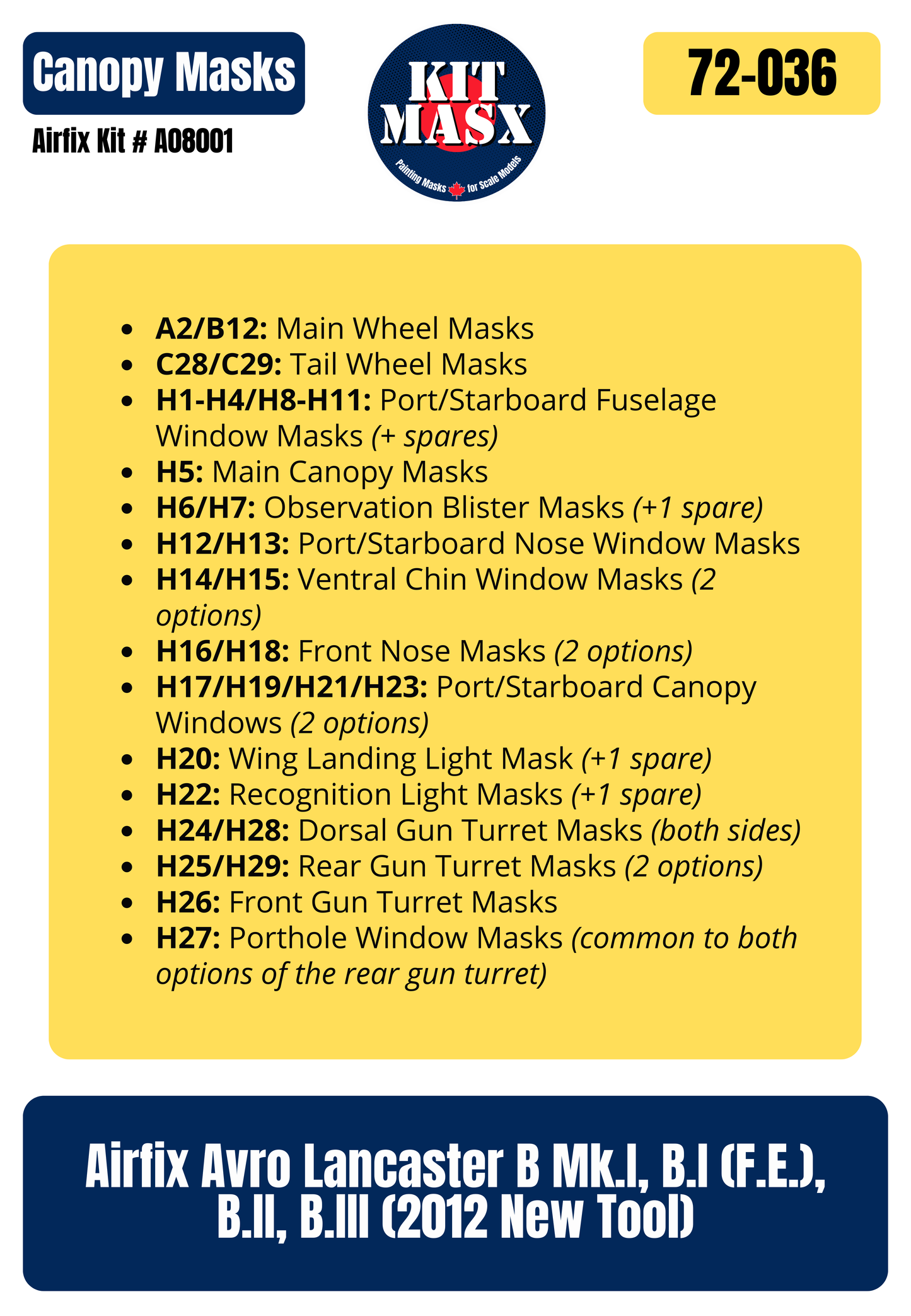Airfix Avro Lancaster B Mk.I, B.I (F.E.), B.II, B.III (2012 New Tool) 1/72 Canopy & Wheel Paint Masks, Kit # A08001