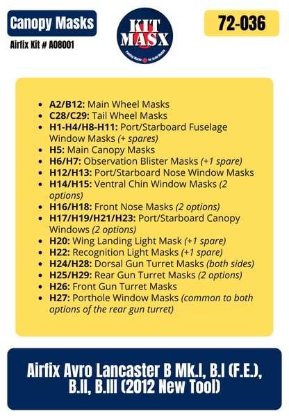 Airfix Avro Lancaster B Mk.I, B.I (F.E.), B.II, B.III (2012 New Tool) 1/72 Canopy & Wheel Paint Masks, Kit # A08001