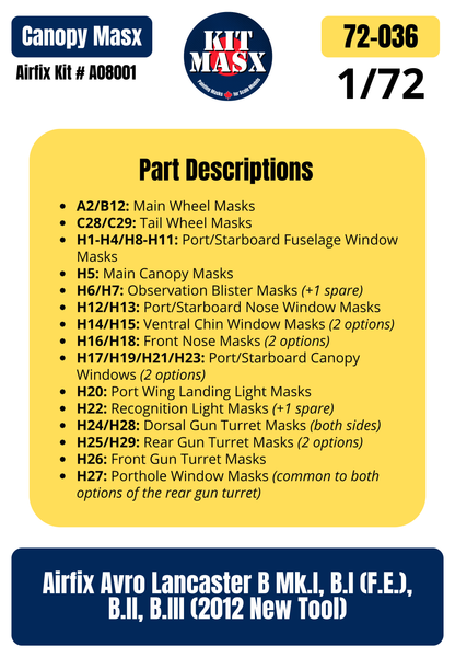 Airfix Avro Lancaster B Mk.I, B.I (F.E.), B.II, B.III (2012 New Tool) 1/72 Canopy & Wheel Paint Masks, Kit # A08001 (72036)