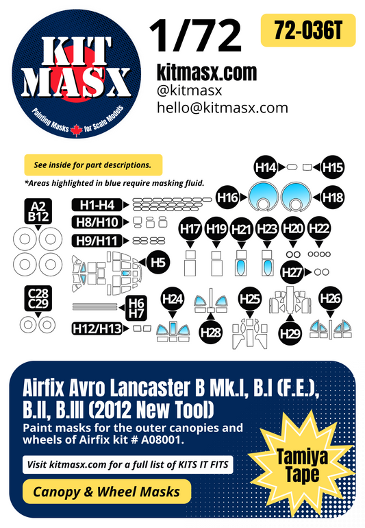 Airfix Avro Lancaster B Mk.I, B.I (F.E.), B.II, B.III (2012 New Tool) 1/72 Canopy & Wheel Paint Masks, Kit # A08001