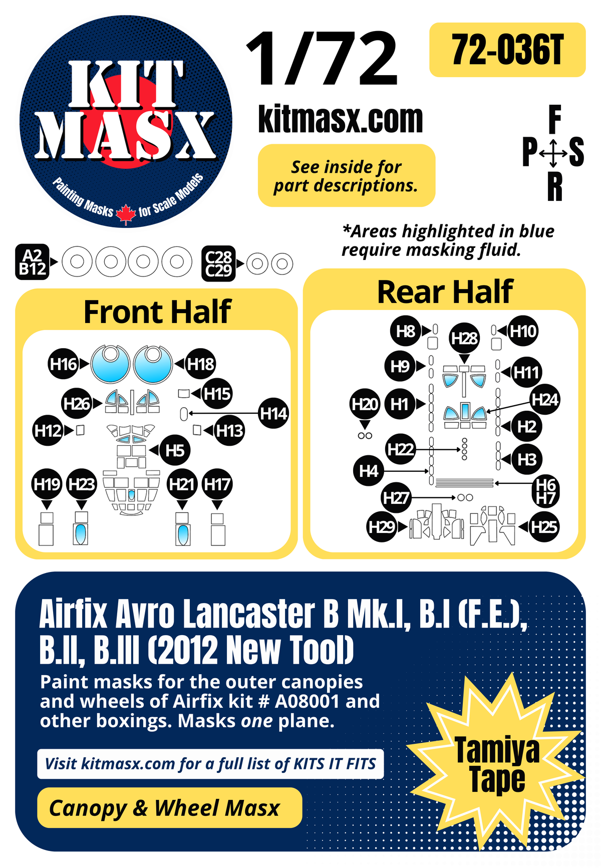 Airfix Avro Lancaster B Mk.I, B.I (F.E.), B.II, B.III (2012 New Tool) 1/72 Canopy & Wheel Paint Masks, Kit # A08001 (72036)