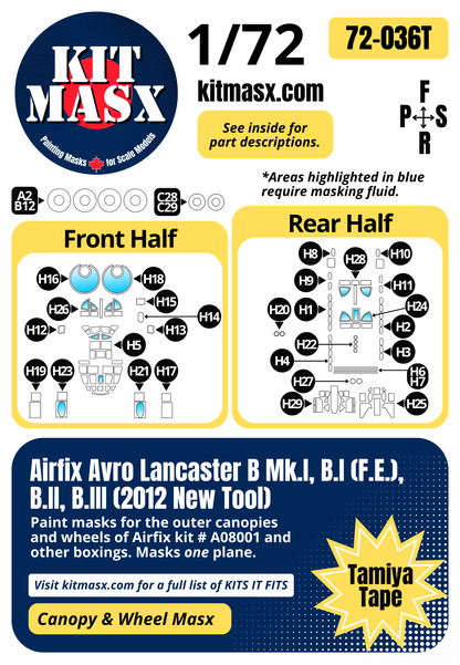 Airfix Avro Lancaster B Mk.I, B.I (F.E.), B.II, B.III (2012 New Tool) 1/72 Canopy & Wheel Paint Masks, Kit # A08001 (72036)