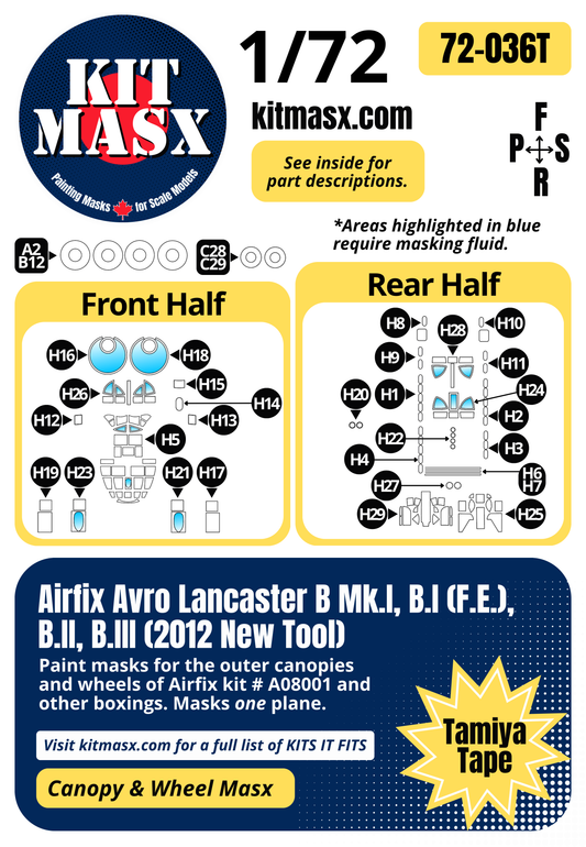 Airfix Avro Lancaster B Mk.I, B.I (F.E.), B.II, B.III (2012 New Tool) 1/72 Canopy & Wheel Paint Masks, Kit # A08001 (72036)